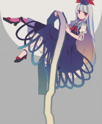 Rule 34 | 1girl, :|, black footwear, blue dress, blue hair, blue hat, bow, busujima (kusahana), closed mouth, commentary, dress, eyebrows hidden by hair, footwear bow, full body, hat, high heels, highres, holding, holding scroll, kamishirasawa keine, light blush, long hair, looking at viewer, multicolored hair, neckerchief, puffy short sleeves, puffy sleeves, red bow, red eyes, red neckerchief, scroll, short sleeves, silver hair, simple background, solo, tokin hat, touhou, two-tone hair