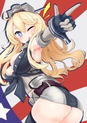 Rule 34 | 10s, 1girl, ;q, absurdres, armpits, ass, bad id, bad pixiv id, blonde hair, blue eyes, breasts, cleavage, fingerless gloves, from behind, gloves, headgear, highres, iowa (kancolle), j young, kantai collection, large breasts, long hair, looking back, miniskirt, no panties, one eye closed, pointing, skindentation, skirt, smile, solo, star-shaped pupils, star (symbol), symbol-shaped pupils, thighhighs, thighs, tongue, tongue out