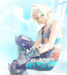 Rule 34 | 1boy, blonde hair, blue eyes, closed mouth, cloud, cofffee, collarbone, cropped, final fantasy, final fantasy xii, fingerless gloves, gloves, jewelry, looking at viewer, male focus, revision, short hair, smile, solo, vaan (ff12), vest