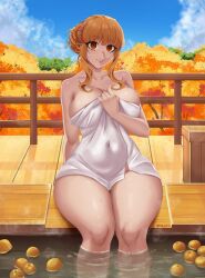 Rule 34 | 1girl, :3, artist name, autumn, bare shoulders, blue sky, breasts, brown eyes, brown hair, commentary, commission, covered navel, covering privates, covering breasts, day, english commentary, fence, food, fruit, highres, hito kirii, holding, holding towel, idolmaster, idolmaster cinderella girls, idolmaster cinderella girls starlight stage, knees, large breasts, long hair, looking at viewer, moroboshi kirari, naked towel, nude cover, onsen, sidelocks, signature, sitting, sky, steam, thick thighs, thighs, towel, tree, twitter username, water, wet, white towel, wide hips, wooden fence, yuzu (fruit), yuzu bath