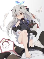 Rule 34 | 1boy, 1girl, absurdres, anger vein, animal ear fluff, animal ears, bare legs, barefoot, black dress, black hair, black jacket, blue archive, breasts, closed mouth, doodle sensei (blue archive), dress, grey hair, hair between eyes, halo, highres, holding, holding pencil, jacket, kokona (blue archive), long hair, looking at viewer, multicolored hair, open clothes, open jacket, pelvic curtain, pencil, pov, red eyes, sensei (blue archive), simple background, sleeveless, sleeveless dress, small breasts, spoken expression, streaked hair, striped clothes, striped dress, academic test, tiger ears, vertical-striped clothes, vertical-striped dress, white background, yog (1598125441)
