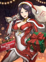 Rule 34 | 1girl, 2021, :d, blue eyes, bodysuit, breasts, brown hair, christmas, cleavage, gift, hat, highres, holding, holding sack, looking at viewer, lotus (warframe), margulis (warframe), merry christmas, open mouth, ordis (warframe), sack, santa hat, signature, smile, solo, warframe, zxpfer