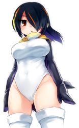 Rule 34 | 10s, 1girl, black hair, breasts, brown eyes, emperor penguin (kemono friends), gluteal fold, hair over one eye, headphones, highleg, highleg leotard, kemono friends, large breasts, leotard, long hair, looking at viewer, mikan (ama no hakoniwa), multicolored hair, simple background, solo, thighhighs, thighs, white background, white leotard, white thighhighs