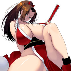Rule 34 | 1girl, absurdres, breasts, brown hair, fan, fatal fury, highres, huge breasts, kouno (masao), ponytail, shiranui mai, snk, solo, the king of fighters, thighs, white background