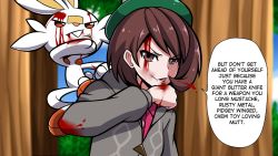 Rule 34 | 1girl, blood, blood on clothes, blood on face, blue sky, brown eyes, comic, creatures (company), english text, forest, game freak, gen 8 pokemon, gloria (pokemon), hat, imitating, looking at viewer, mgx0, nature, nintendo, pokemon, pokemon (creature), pokemon swsh, scorbunny, sky, sweater, tam o&#039; shanter, tree