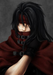 Rule 34 | 1990s (style), 1boy, black hair, final fantasy, final fantasy vii, gloves, headband, highres, long hair, looking at viewer, male focus, nimoji (taro3p), red eyes, solo, vincent valentine