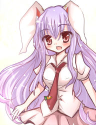 Rule 34 | 1girl, animal ears, blush, carrot, female focus, long hair, ncatabc, necktie, open mouth, pink eyes, purple hair, rabbit ears, red necktie, reisen udongein inaba, simple background, skirt, solo, touhou, white background