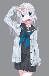 Rule 34 | 1girl, arm up, black sailor collar, black serafuku, black shirt, black skirt, blue eyes, blue neckerchief, blush, cardigan, commentary, doughnut, food, food in mouth, grey background, grey cardigan, hair between eyes, highres, long hair, long sleeves, looking at viewer, mouth hold, neckerchief, open cardigan, open clothes, original, pleated skirt, sailor collar, school uniform, serafuku, shirt, silver hair, simple background, skirt, sleeves past wrists, solo, symbol-only commentary, tantan men (dragon)