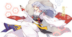 Rule 34 | 1boy, armor, character name, crescent, expressionless, facial mark, forehead mark, fur, highres, inuyasha, japanese clothes, long hair, looking at viewer, male focus, petals, pointy ears, sesshoumaru, silver hair, simple background, solo, sword, unsheathed, weapon, yellow eyes, zaver