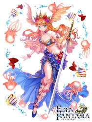 Rule 34 | 1girl, blue eyes, blue skirt, box (hotpppink), breasts, claire (eden fantasia), cleavage, commentary request, copyright name, crop top, eden fantasia, fins, fish, full body, head fins, holding, holding sword, holding weapon, jellyfish, large breasts, long hair, long skirt, medium breasts, midriff, navel, official art, orange hair, side slit, skirt, sword, tiara, water, watermark, weapon