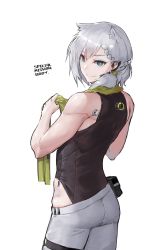 Rule 34 | 1girl, animal ears, bare arms, black leotard, blue eyes, braid, bright pupils, contrapposto, cowboy shot, doll joints, earphones, english text, from behind, girls&#039; frontline, grey hair, grey pants, highres, joints, ksvk (girls&#039; frontline), leotard, looking at viewer, looking back, microphone, mod3 (girls&#039; frontline), muscular, muscular female, pandea work, pants, pouch, simple background, sleeveless, smile, solo, standing, toned, towel, towel around neck, white background