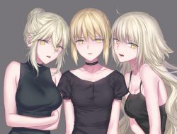 Rule 34 | 3girls, ahoge, arm at side, artoria pendragon (all), artoria pendragon (fate), artoria pendragon (lancer alter) (fate), black shirt, blonde hair, breasts, buttons, camisole, casual, choker, cleavage, collarbone, fate/grand order, fate (series), girl sandwich, grey background, hair between eyes, hair bun, jeanne d&#039;arc (fate), jeanne d&#039;arc (ruler) (fate), jeanne d&#039;arc alter (avenger) (fate), jeanne d&#039;arc alter (fate), large breasts, long hair, looking at viewer, multiple girls, nipi27, parted lips, puffy short sleeves, puffy sleeves, ruler (fate/grand order), saber (fate), saber alter, sandwiched, self hug, shade, shirt, short sleeves, sidelocks, silver hair, simple background, single hair bun, sleeveless, upper body, yellow eyes