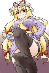 Rule 34 | 1girl, akou roushi, alternate costume, assertive female, black thighhighs, blonde hair, bottomless, bow, breasts, feet, female focus, foot focus, hair bow, hands on own hips, large breasts, long hair, naked sweater, naughty face, no pants, purple eyes, ribbed sweater, smile, smirk, soles, solo, sweater, thighhighs, toes, touhou, yakumo yukari, zettai ryouiki