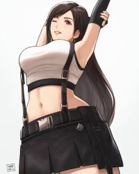 Rule 34 | 1girl, ;), black hair, breasts, crop top, earrings, final fantasy, final fantasy vii, final fantasy vii remake, fingerless gloves, gloves, jewelry, large breasts, long hair, looking at viewer, navel, one eye closed, open mouth, red eyes, sidelocks, simple background, skirt, smile, solo, stretching, suspender skirt, suspenders, tank top, tifa lockhart, white background, white tank top, yuko666