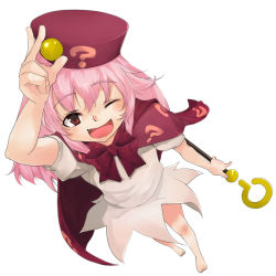 Rule 34 | 1girl, barefoot, benesse, cape, face, fang, hat, hatena yousei, long hair, mune, one eye closed, pink hair, red hat, solo, staff, wink