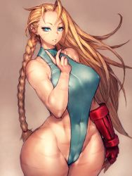 Rule 34 | 1girl, antenna hair, bare arms, bare shoulders, blonde hair, blue eyes, braid, breasts, brown background, cameltoe, cammy white, camouflage, cleft of venus, closed mouth, covered erect nipples, covered navel, cowboy shot, curvy, fingerless gloves, fumio (rsqkr), gloves, hair down, highleg, highleg leotard, highres, large breasts, legs together, leotard, long hair, looking at viewer, narrow waist, shiny skin, simple background, single braid, single glove, skin tight, sleeveless, solo, standing, street fighter, thighs, thong leotard, very long hair, wide hips