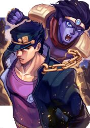 Rule 34 | 2boys, armor, black headwear, black jacket, blue eyes, chain, collarbone, colored skin, commentary request, fingerless gloves, gakuran, gloves, hat over one eye, highres, incoming attack, incoming punch, jacket, jojo no kimyou na bouken, kuujou joutarou, looking at viewer, male focus, multiple boys, muscular, muscular male, one eye covered, open clothes, open jacket, open mouth, pauldrons, pink shirt, punching, purple gloves, purple hair, purple skin, school uniform, shikabane (draw tadao14), shirt, short hair, shoulder armor, signature, stand (jojo), standing, star platinum, stardust crusaders