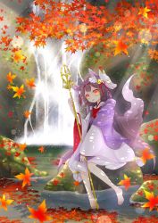 Rule 34 | 1girl, 515m, :d, absurdres, animal ears, autumn leaves, barefoot, bell, black hair, bow, female focus, fox ears, fox mask, fox tail, hair bow, hair ribbon, hairband, highres, holding, japanese clothes, kimono, layered clothes, layered kimono, leaf, long hair, looking at viewer, low twintails, maple leaf, mask, mask on head, open mouth, orange eyes, original, ribbon, river, shakujou, sitting, smile, solo, staff, tail, twintails, water, waterfall