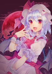Rule 34 | 1girl, :d, ascot, bad id, bad pixiv id, bat (animal), bow, brooch, chisiro unya (unya draw), collared shirt, commentary, demon wings, fang, frilled sleeves, frills, hair between eyes, hat, hat bow, jewelry, light purple hair, looking at viewer, medium hair, mob cap, moon, nail polish, night, open mouth, outdoors, puffy sleeves, red ascot, red bow, red eyes, red moon, red nails, red sash, red sky, remilia scarlet, sash, shirt, sidelocks, signature, skin fang, sky, smile, solo, sparkle, touhou, upper body, white shirt, wings