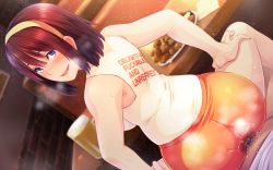 Rule 34 | 1boy, 1girl, alcohol, ass, back, backboob, bare arms, bare shoulders, beer, blue eyes, blush, bottomless, breasts, brown hair, butcha-u, clothed sex, cup, drinking glass, food, from behind, game cg, hair between eyes, hairband, hand on own thigh, heavy breathing, hetero, hooters, indoors, kenzen! hentai seikatsu no susume, large breasts, legs, maezono chinami, open mouth, orange shorts, original, pov, pubic hair, sex, short hair, shorts, sitting, sitting on person, sleeveless, smile, solo focus, sweat, table, tank top, thighs, uniform, vaginal, wet, yellow hairband