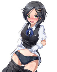 Rule 34 | 1girl, black hair, black panties, black skirt, black vest, blue ribbon, blush, breasts, clothes pull, commentary request, dutch angle, gloves, gluteal fold, groin, hair ornament, hairclip, kantai collection, kuroshio (kancolle), lifting own clothes, looking at viewer, medium breasts, navel, neck ribbon, nose blush, open mouth, panties, pleated skirt, ribbon, shirt, short hair, simple background, skirt, skirt down, solo, sweat, sweatdrop, thighs, underwear, vest, white background, white gloves, white shirt, yellow eyes, zanntetu
