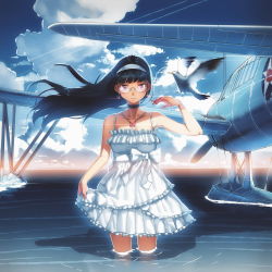 Rule 34 | 1girl, aircraft, airplane, anchor symbol, bird, choker, cloud, cloudy sky, day, dress, earrings, glasses, jewelry, long hair, necklace, original, partially submerged, siqi (miharuu), sky, solo, wading, weapon