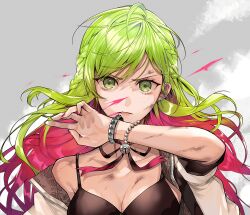 Rule 34 | 1girl, album cover, bead bracelet, beads, black ribbon, bracelet, braid, breasts, cleavage, cover, crown braid, fingernails, furrowed brow, gradient clothes, green eyes, green hair, grey background, jacket, jewelry, long hair, looking at viewer, medium breasts, morinaka kazaki, morinaka kazaki (adult), multicolored hair, multiple braids, nail polish, neck ribbon, nijisanji, official art, open clothes, open jacket, parted lips, pink hair, pink nails, pink ribbon, ribbon, scratches, short sleeves, solo, swept bangs, tcb, two-tone hair, upper body, virtual youtuber, white jacket, zipper