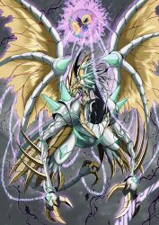 absurdres claws digimon digimon_(creature) dragon flying highres lucemon_larva lucemon_satan_mode oridigi sharp_teeth solo teeth wings x-antibody