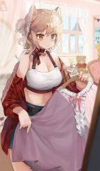 Rule 34 | 1girl, :&lt;, ahoge, animal ear fluff, animal ears, bad id, bad pixiv id, bare shoulders, belt, blue eyes, blurry, book, book stack, breasts, brown eyes, brown hair, chair, choker, cleavage, closed mouth, clothes hanger, collarbone, cowboy shot, crop top, curtains, day, denim, denim shorts, depth of field, double bun, earrings, frilled shirt, frills, hair ornament, hair ribbon, hairclip, heterochromia, highres, holding, indoors, jewelry, large breasts, looking at viewer, mid (gameshe), midriff, mole, mole under eye, nail polish, navel, off shoulder, open clothes, open shirt, original, pink nails, pink ribbon, plaid, plaid shirt, plant, potted plant, purple shirt, red shirt, ribbon, ribbon choker, shirt, short hair, short shorts, shorts, sidelocks, sleeveless, sleeveless shirt, solo, standing, stomach, stuffed animal, stuffed toy, teddy bear, thighs, white shirt, window, wing collar