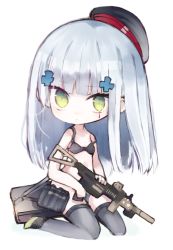 Rule 34 | 1girl, assault rifle, bare arms, bare shoulders, beret, bikini, black bikini, black hat, black thighhighs, blush, breasts, chibi, closed mouth, commentary request, girls&#039; frontline, green eyes, green footwear, gun, h&amp;k hk416, hair ornament, hat, heckler &amp; koch, hk416 (girls&#039; frontline), holding, holding gun, holding weapon, kotatu (akaki01aoki00), long hair, looking at viewer, name connection, object namesake, rifle, silver hair, simple background, small breasts, solo, strap slip, swimsuit, thighhighs, very long hair, weapon, white background