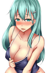 Rule 34 | 1girl, aqua eyes, aqua hair, arm support, bad id, bad pixiv id, blue one-piece swimsuit, blush, breasts, cleavage, collarbone, competition swimsuit, covered erect nipples, covered navel, hair between eyes, hair ornament, hairclip, hand on own chest, heart, heart-shaped pupils, highres, kantai collection, large breasts, long hair, looking at viewer, one-piece swimsuit, open mouth, simple background, smile, solo, suzuya (kancolle), swimsuit, symbol-shaped pupils, terakoya, upper body, white background