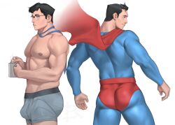 Rule 34 | 1boy, abs, ass, back, bara, barra.kun.7, black hair, blue bodysuit, blue eyes, bodysuit, bulge, cape, clark kent, closed mouth, cup, dc comics, grey male underwear, highres, holding, holding cup, large pectorals, male focus, male underwear, muscular, muscular male, my adventures with superman, necktie, nipples, pectorals, red cape, short hair, simple background, superman, superman (series), underwear, white background