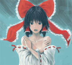 Rule 34 | 1girl, bare shoulders, black eyes, black hair, bow, chiki (botugo), collarbone, covering privates, covering chest, detached sleeves, female focus, hair bow, hair tubes, hakurei reimu, japanese clothes, looking at viewer, miko, open mouth, solo, touhou, upper body