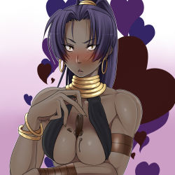 Rule 34 | 1girl, asashin (kazami-tomo), assassin (fate/zero), bad id, bad pixiv id, between breasts, blue hair, blush, breasts, candy, chocolate, chocolate heart, chocolate on body, chocolate on breasts, dark-skinned female, dark skin, earrings, fate/zero, fate (series), female assassin (fate/zero), food, food on body, heart, hoop earrings, jewelry, large breasts, long hair, lots of jewelry, melting, messy, muscular, neck ring, necklace, parted bangs, ponytail, purple hair, solo, surprised