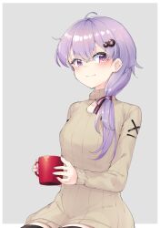 Rule 34 | 1girl, alternate costume, alternate hairstyle, cup, highres, holding, holding cup, long hair, long sleeves, low ponytail, mug, pink nails, purple eyes, purple hair, ribbed sweater, smile, solo, sweater, thighhighs, turtleneck, turtleneck sweater, vocaloid, voiceroid, yuzuki yukari, zooanime