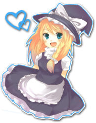 Rule 34 | 1girl, bad id, bad pixiv id, blonde hair, blue eyes, female focus, hat, heart, kirisame marisa, skirt, solo, suica (namamen), touhou, white background, witch, witch hat