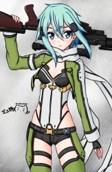 Rule 34 | 10s, 1girl, anti-materiel rifle, aqua eyes, aqua hair, artist name, belt, black gloves, black shorts, blue eyes, blush, bolt action, breasts, contrapposto, cowboy shot, cropped jacket, dated, fingerless gloves, gloves, gun, looking at viewer, matching hair/eyes, medium breasts, pgm hecate ii, ppshex, rifle, scarf, shinon (sao), short hair, short shorts, shorts, sinon, sniper rifle, solo, standing, sword art online, weapon, zipper