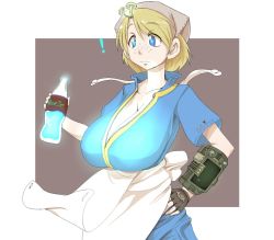 Rule 34 | !, 1girl, apron, blonde hair, blue eyes, border, bottle, breast expansion, breasts, brown background, cleavage, cowboy shot, fallout (series), fallout 3, fingerless gloves, freckles, futaba channel, gloves, glowing, hand on own hip, hip focus, holding, holding bottle, huge breasts, jumpsuit, kuma (kumahoihoi), lone wanderer, mushroom, nijiura maids, nuka cola, nuka cola quantum, original, outside border, pip boy, sagging breasts, short hair, short sleeves, simple background, solo, standing, surprised, vault suit, white border