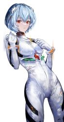 Rule 34 | 1girl, absurdres, ayanami rei, blue hair, bodysuit, breasts, commentary, cowboy shot, gawako, hands up, highres, interface headset, looking at viewer, neon genesis evangelion, parted lips, plugsuit, red eyes, short hair, simple background, small breasts, solo, white background, white bodysuit