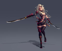 Rule 34 | 1girl, armor, black background, black thighhighs, blush, breasts, cleavage, closed mouth, dual wielding, full body, gradient background, holding, holding sword, holding weapon, katana, large breasts, looking at viewer, orange eyes, original, sheath, sheathed, smile, solo, sword, thighhighs, weapon, white hair, yclok