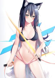 Rule 34 | 1girl, absurdres, alternate costume, animal ears, arknights, bikini, black bikini, black hair, blush, breasts, collarbone, colored inner hair, commentary request, cowboy shot, groin, hair between eyes, highres, holding, holding sword, holding weapon, kotoha (kotoha65), long hair, looking at viewer, medium breasts, micro bikini, mismatched bikini, multicolored hair, navel, pink bikini, red hair, simple background, skindentation, solo, stomach, swimsuit, sword, tail, texas (arknights), weapon, white background, wolf ears, wolf girl, wolf tail, yellow eyes