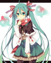 Rule 34 | 1girl, ahoge, bad id, bad nicoseiga id, blush, green eyes, green hair, hatoichi, hatoichi reno, hatsune miku, headphones, highres, letterboxed, long hair, looking at viewer, matching hair/eyes, musical note, pantyhose, quaver, red scarf, scarf, skirt, smile, snowflakes, solo, striped clothes, striped skirt, twintails, vertical-striped clothes, vertical-striped skirt, very long hair, vocaloid, white background
