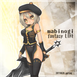 Rule 34 | 1girl, arm warmers, armlet, player character (mabinogi), bad id, bad pixiv id, beret, black thighhighs, blush, breasts, cleavage cutout, clothing cutout, female focus, gradient background, grey hair, hat, head tilt, mabinogi, medium breasts, miyamae porin, side slit, solo, standing, sword, thighhighs, weapon, yellow eyes