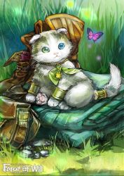 Rule 34 | animal ears, animal focus, bag, blue eyes, boots, bug, butterfly, cat, cat ears, cat tail, comaza, copyright name, day, force of will, grass, green eyes, heterochromia, insect, jewelry, necklace, no humans, official art, outdoors, solo, tail, unworn bag, unworn boots