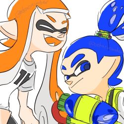Rule 34 | 1boy, 1girl, :d, blue eyes, blue hair, closed eyes, closed mouth, fangs, flat color, inkling, inkling boy, inkling girl, inkling player character, long hair, nintendo, oekacucumber, official style, open mouth, orange hair, pointy ears, ponytail, shirt, short hair, short sleeves, simple background, smile, splatoon (series), splatoon 1, splattershot (splatoon), suction cups, super soaker, t-shirt, tentacle hair, twitter username, very long hair, white background, white shirt