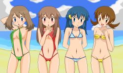 Rule 34 | 00s, 4girls, :d, :o, arm behind head, arm up, arms behind back, bad id, bad pixiv id, bandeau, beach, bikini, black hair, blue bikini, blue eyes, blush, breasts, brown eyes, brown hair, cameltoe, cloud, cloudy sky, cowboy shot, creatures (company), dawn (pokemon), day, finger to mouth, flipped hair, game freak, green one-piece swimsuit, green slingshot swimsuit, grey hair, hair ornament, half updo, kuro hopper, leaf (pokemon), lineup, long hair, looking at viewer, lowleg, lowleg bikini, lyra (pokemon), may (pokemon), micro bikini, multiple girls, narrow waist, navel, nintendo, o-ring, o-ring bottom, o-ring swimsuit, o-ring top, ocean, oekaki, one-piece swimsuit, open mouth, outdoors, pokemon, pokemon hgss, red eyes, red one-piece swimsuit, red slingshot swimsuit, short hair, short twintails, sidelocks, sky, slingshot swimsuit, small breasts, smile, summer, swimsuit, take your pick, twintails, underboob, water, wide hips, yellow bikini