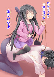 Rule 34 | 1boy, 1girl, :d, ^ ^, age difference, all fours, between legs, black hair, black thighhighs, blue pants, brown background, child, closed eyes, creek (moon-sky), drawstring, eighth note, facing viewer, femdom, grey shirt, hair between eyes, highres, hood, hoodie, long hair, musical note, no shoes, open mouth, original, pants, pet play, pink hoodie, pleated skirt, purple skirt, riding, riding crop, shirt, short sleeves, simple background, skirt, smile, solo focus, thighhighs, translated, very long hair, youjo (creek (moon-sky))