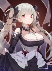 Rule 34 | 1girl, :&lt;, azur lane, between breasts, black dress, breasts, cleavage, cross-laced clothes, dress, formidable (azur lane), frilled dress, frills, grey hair, hair ribbon, highres, kiema, large breasts, long hair, looking at viewer, necktie, necktie between breasts, red eyes, ribbon, solo, twintails, two-tone dress, two-tone ribbon