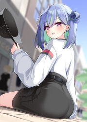 Rule 34 | 1girl, :d, ass, black hat, black skirt, blue hair, blue sky, blurry, blurry background, blush, building, commentary request, day, depth of field, ear piercing, flat cap, green hair, hair between eyes, hair bun, hat, highres, holding, holding clothes, holding hat, long sleeves, looking at viewer, looking to the side, mole, mole under eye, multicolored hair, nanashi inc., ominaeshi (takenoko), open mouth, outdoors, piercing, puffy long sleeves, puffy sleeves, purple eyes, shirt, single side bun, sitting, skirt, sky, sleeves past wrists, smile, solo, streaked hair, suzumi nemo, two-tone hair, unworn hat, unworn headwear, virtual youtuber, white shirt