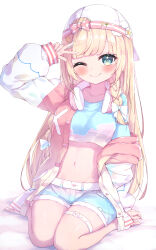 Rule 34 | 1girl, ;), absurdres, arm up, backwards hat, baseball cap, blonde hair, blue shirt, blue shorts, blush, bow, braid, breasts, closed mouth, commentary request, cropped shirt, green eyes, hair bow, hair ornament, hat, headphones, headphones around neck, highres, hololive, jacket, kazama iroha, kazama iroha (streetwear), leaf hair ornament, long hair, long sleeves, looking at viewer, masaki (msk064), navel, off shoulder, one eye closed, open clothes, open jacket, pink jacket, puffy long sleeves, puffy sleeves, seiza, shirt, short shorts, shorts, single braid, sitting, sleeves past wrists, small breasts, smile, solo, v, very long hair, virtual youtuber, white background, white bow, white hat